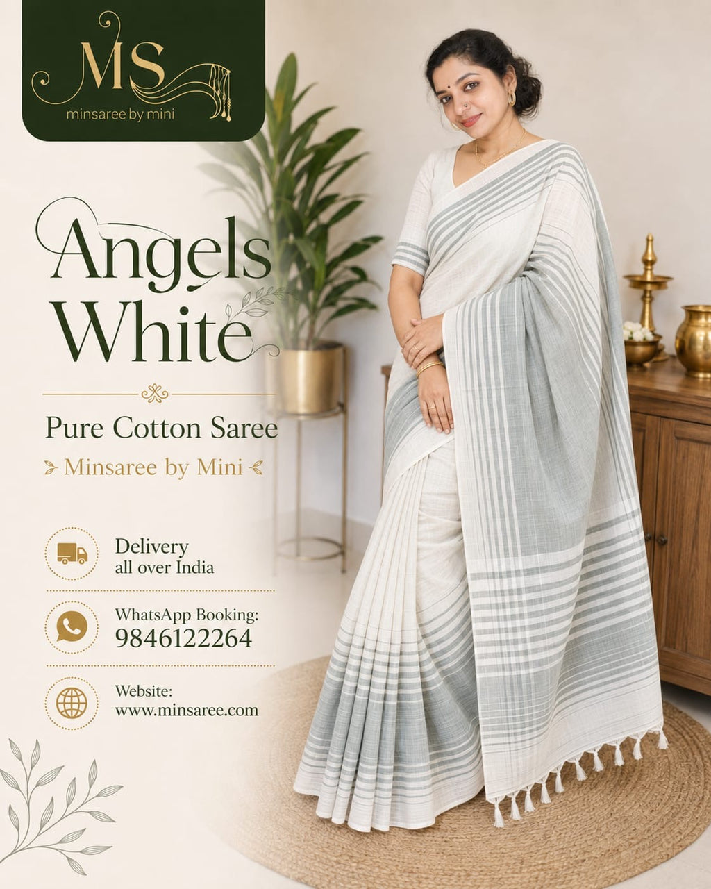 🤍 ANGELS WHITE – Pure Cotton Saree 🤍