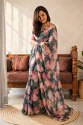 Trending Green color soft organza silk saree with floral prints '