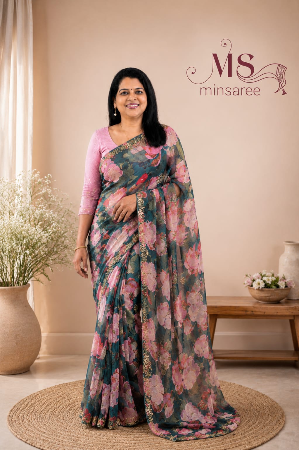 Trending Green color soft organza silk saree with floral prints '