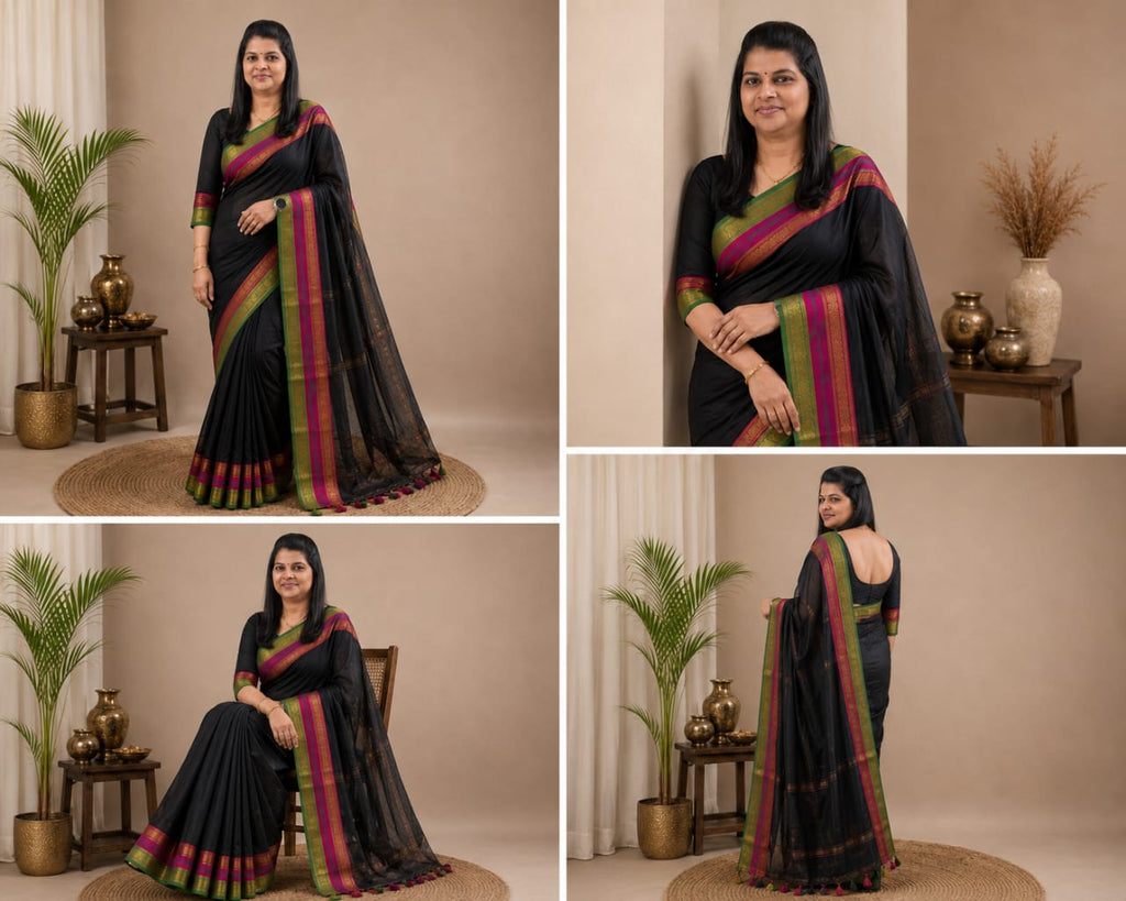 Maya Black Mul Cotton Saree