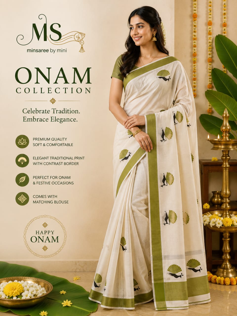 Peacock Print Set Saree with Matching Blouse