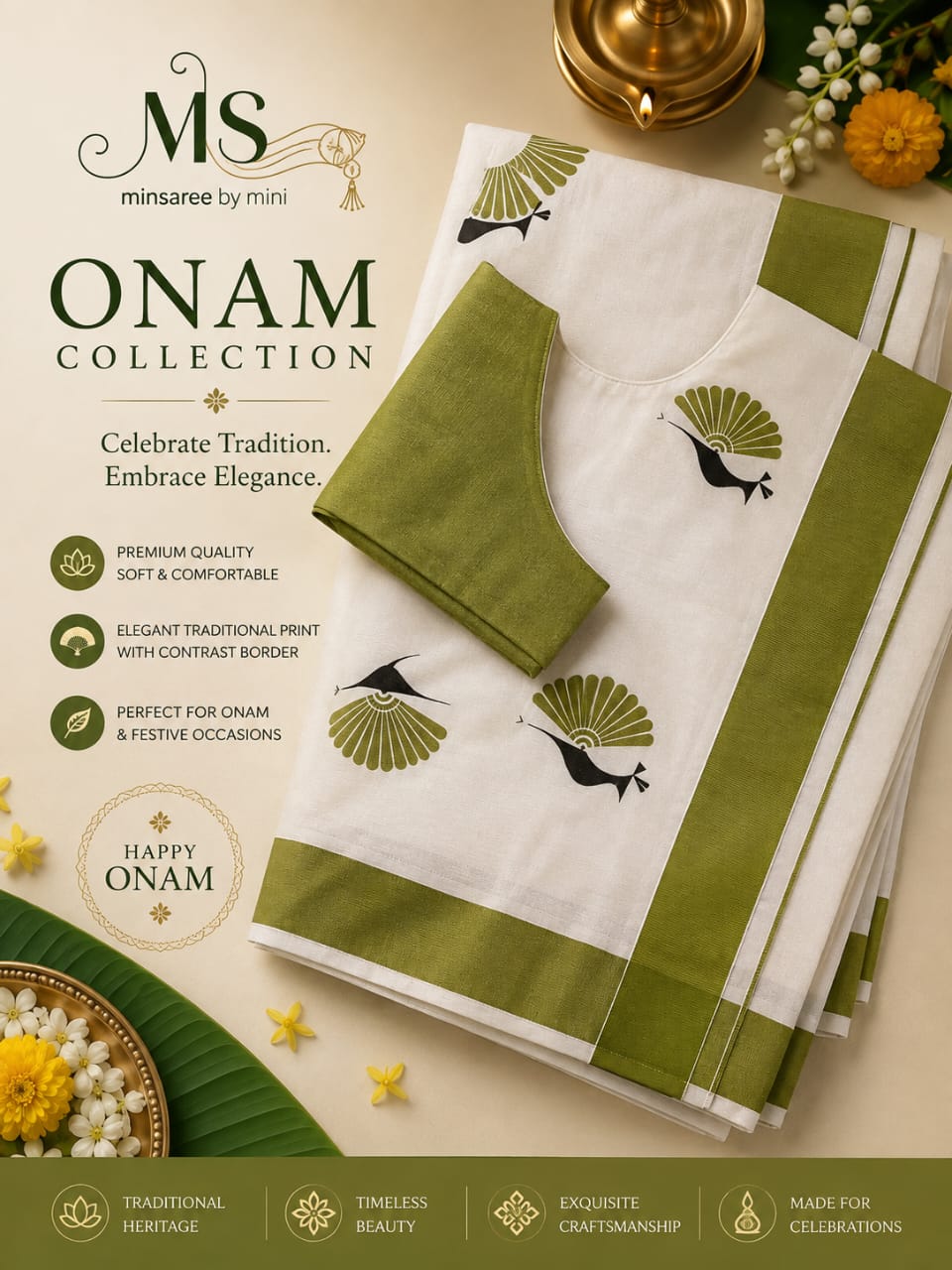 Peacock Print Set Saree with Matching Blouse