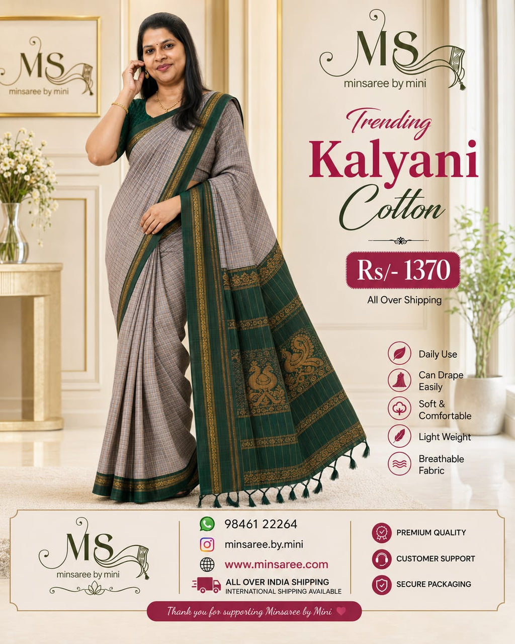 Trending Kalyani Cotton Saree – Elegant Grey & Green