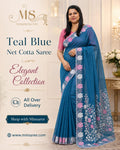 Teal Blue Soft Net Cotta Saree