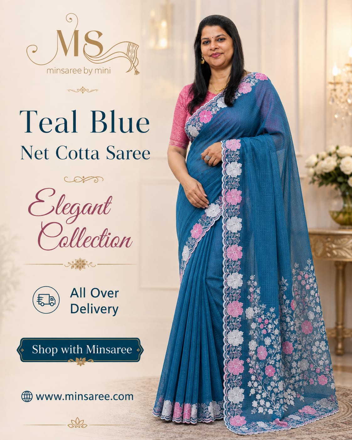 Teal Blue Soft Net Cotta Saree