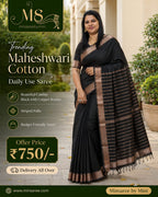 ✨ Trending Maheswari Cotton Saree (Black & Copper)✨