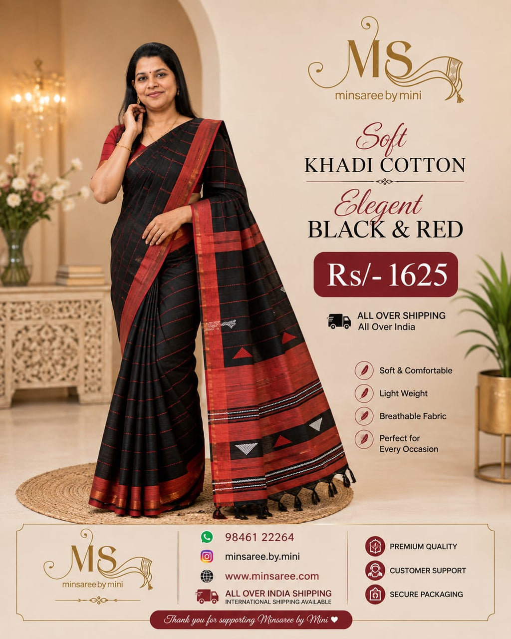 🖤❤️ Elegant Black &amp; Red – Soft Khadi Cotton Saree ❤️🖤