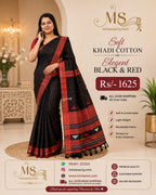 🖤❤️ Elegant Black &amp; Red – Soft Khadi Cotton Saree ❤️🖤