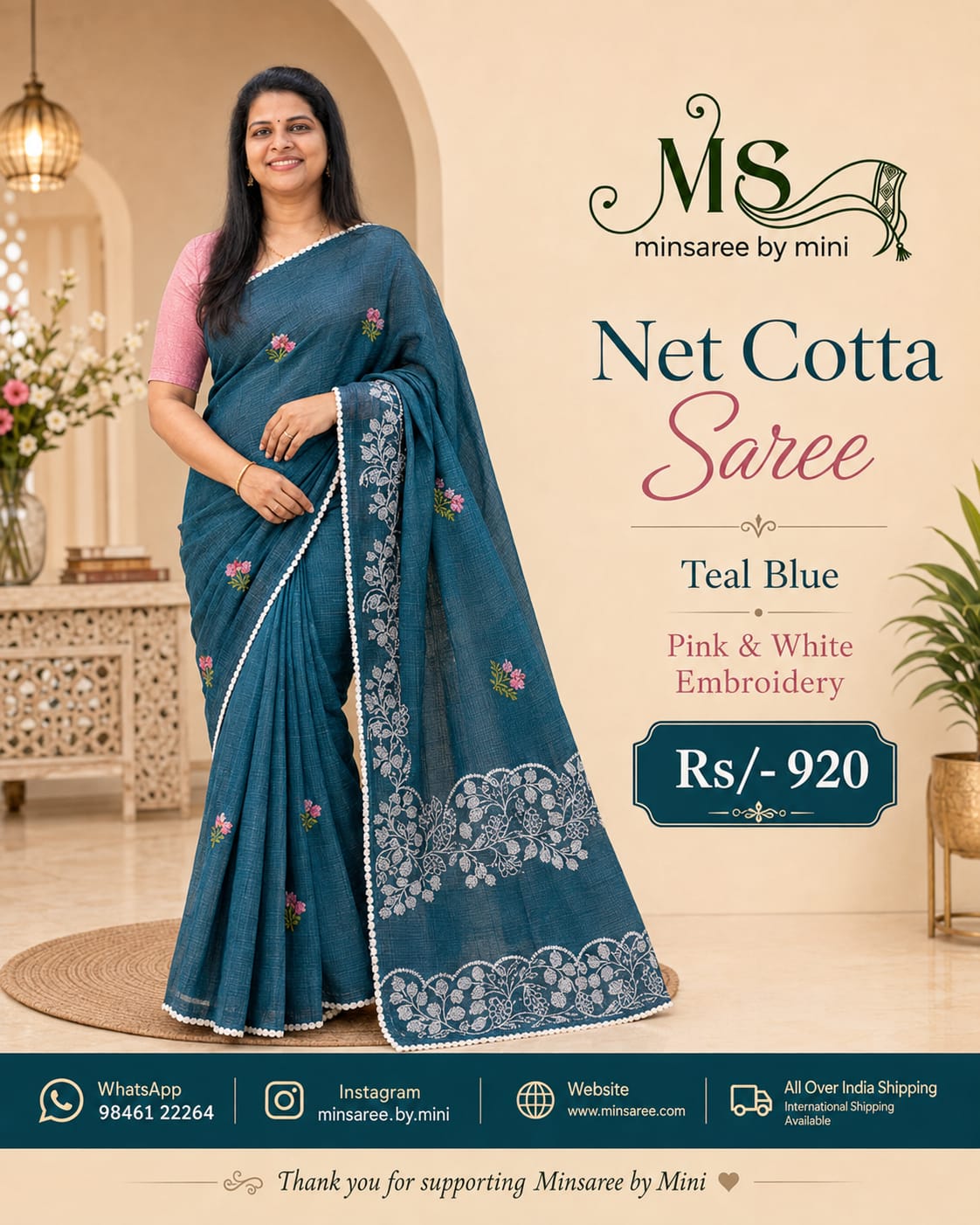 ✨ Elegant Net Cotta Saree – Teal Blue Beauty ✨